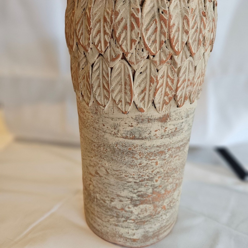 Vintage‎ Hand-Built Terracotta Studio Pottery Vase with Impressed Leaf Design